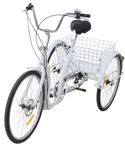Qussse 26 Zoll Erwachsene Dreirad, 3 Räder Dreirad für Erwachsene, 6-Gang Seniorenfahrrad Lastenfahrrad mit Einkaufskorb für Männer, Frauen, ältere Menschen (Weiß)