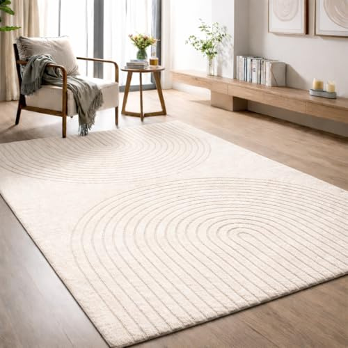the carpet Elisa - Alfombra Moderna para Sala de Estar, diseño geométrico, Alta Densidad del Pelo y agradablemente Suave, Crema, 200 x 280 cm