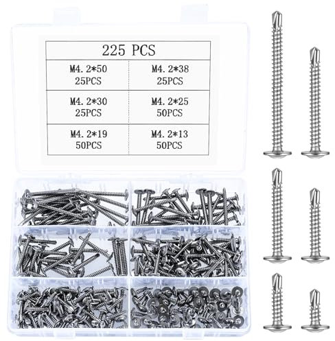 225 Pcs M4.2 Self Tapping Screws Metal, Stainless Steel Phillips Flat Head Wafer Head Self Drilling Sheet Metal Screws Assortment Kit for Metal Plastic Drywall