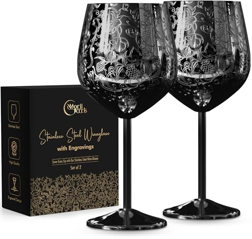 Morii Goods Juego de 2 copas de vino de acero inoxidable, grabadas, irrompibles, color negro, para viajes, camping y piscina, elegantes para mujeres y hombres