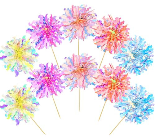 Gjinxi 10 PCS Foil Firework Cupcake Toppers, Happy Birthday Cake Toppers Sparkle Tinsel Cake Toppers Flowers Cake Decoration Cocktail Food Fruit Toothpick for Cake Decoration Party Supplies(Yellow)