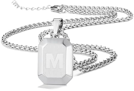 Männer Herren Edelstahl Halskette Mit Alphabet Schmuck Geschenke | Silber Schwarz Gold Quadrat Hundemarke Initial Monogramm A-Z Kette für Jungen 20 + 2 Zoll Weizen Kette Unisex