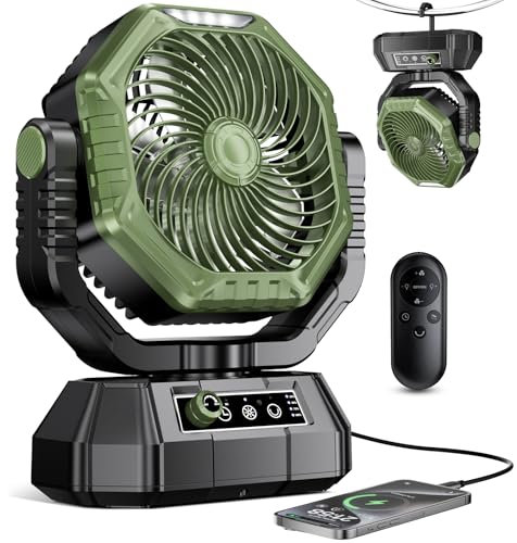 VTHW Camping Fan, 20000mAh Rechargeable Battery Fan with Remote, Stepless Speed, 270° Rotation, Timer Mode, Hook, LED Light, Personal Desk USB Fans for Outdoor Tent Camping (Green)