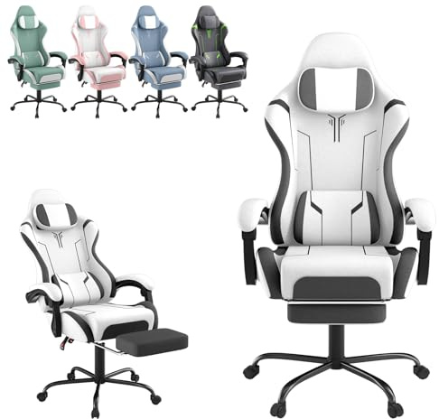 ACXIN Gaming stol massage med fotstöd och nackstöd, ergonomisk spelstol med massage ländryggskudde, justerbart ryggstöd 90–135°, vadderade armstöd för spelare – svart och vit
