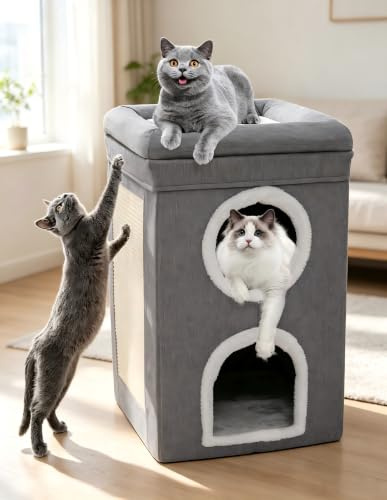 Faltbares Katzenhaus, katzenhöhle große Katzen, Katzenbetten für Indoor Katze, Katzenhöhle 3 Schicht Katzen würfel, Katzenhaus Höhle für kleine und mittlere Katzen, Grau