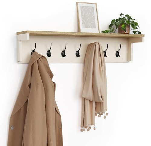 VonHaus Coat Hooks Wall Mounted - Cream Coat Rack with Shelf & 7 Strong Double Hooks – Wall Mounted Jacket Hanger Hallway Organiser with Melamine Wood Effect for Hall & Entryway - Ash Hall