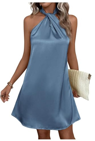 Floerns Women's Pearl Beaded Halter Twist Sleeveless Tie Back Dress A Line Dress Silk Blue Large