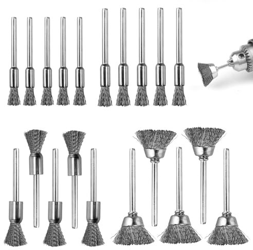 HAPPOW 20 spazzole in acciaio, avvitatore a batteria, spazzola metallica in acciaio inox, fusto da 3 mm, 4 misure (5/6/8/15 mm), spazzola metallica per Dremel, spazzole abrasive per lucidatura