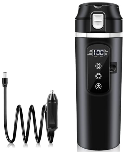 PORFOYO Bollitore elettrico per auto, 12 V Mini bollitore per caffè da auto, 500 ml, nero, fino a 100℃ Regolazione della temperatura variabile per camion, viaggio, campeggio