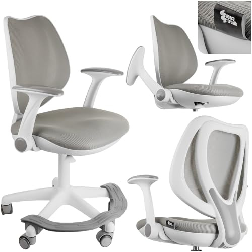 Spacetronik Schreibtischstuhl Kinder mit Fußstütze, Höhenverstellbar | Sitzhöhe 42-55 cm, Klappbare Armlehnen, Netzrücken, Rollenblockierung, Ergonomisch, Bürostuhl Kinder