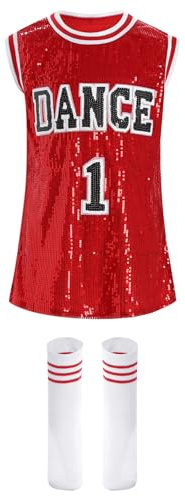 inlzdz Vêtements De Danse Hip Hop pour Filles Robe en Maille À Paillettes pour Enfants Débardeur Long Tshirt De Cheerleading Jazz avec Ensemble Chaussettes Tenue Rouge 13-14 Ans