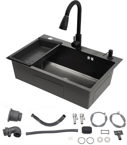 Fregadero de acero inoxidable 68 x 45 cm, fregadero con grifo extraíble y dispensador de jabón, fregadero de cocina 1 seno, fregadero empotrado, lavabo de cocina con sifón y rebosadero (Negro)