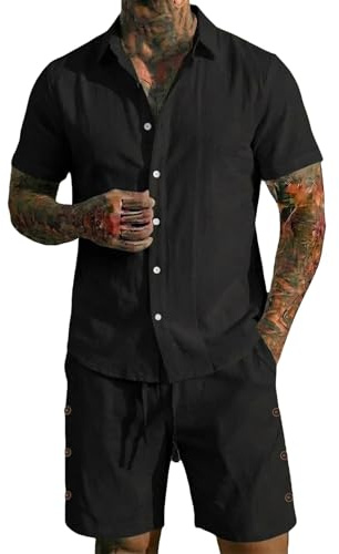 Conjunto de ropa de lino para hombre, de verano, informal, elegante, de algodón y lino, para verano, elegante, suave, color liso, camisa + pantalones cortos, juego de 2 piezas deportivo para la playa