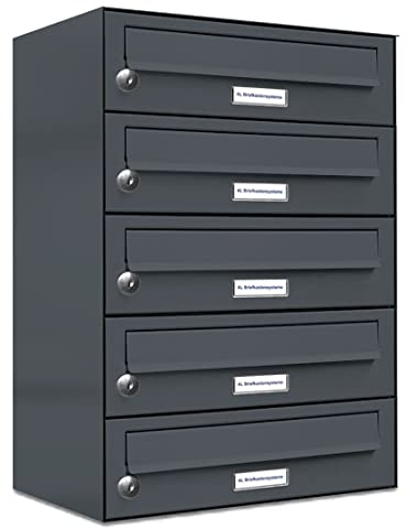 AL Briefkastensysteme 5er Briefkastenanlage Anthrazit Grau RAL 7016, Premium Briefkasten DIN A4, 5 Fach Postkasten modern Aufputz