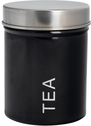 Harbour Housewares Metal Tea Storage Canister - Black - 1x Round Retro Food Storage Canister Tea Bag Caddy Food Preservation Container Tin with Airtight Fit Lid for Kitchen Organisation & Home Décor