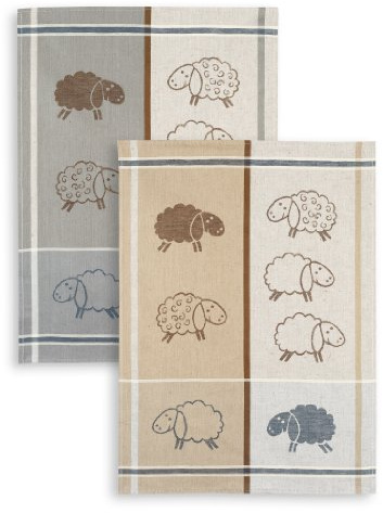 2-er Set, Jacquard Geschirrtuch, KRACHT, Halbleinen, Schafe, beige/grau, Format 50x70cm
