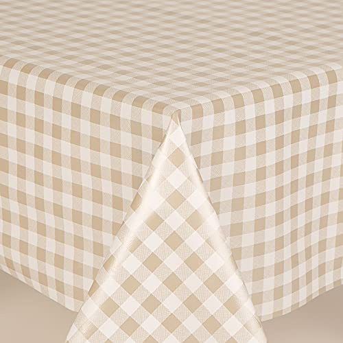 Gingham Check Beige Wipe Clean PVC Tablecloth Oilcloth Vinyl - by TheFabircTrade (200 X 140CM)