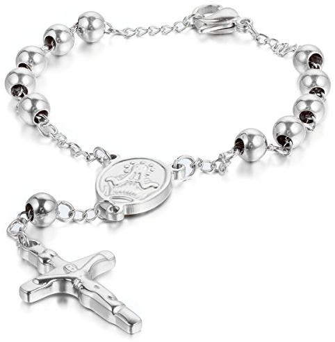 JewelryWe Schmuck Rosenkranz Armband Edelstahl Jungfrau Maria Katholischen Heiligen Gottes Mutter Kreuz Anhänger Perle Kugelkette Armreif Armkette für Herren Damen Silber/Gold/Silbergold