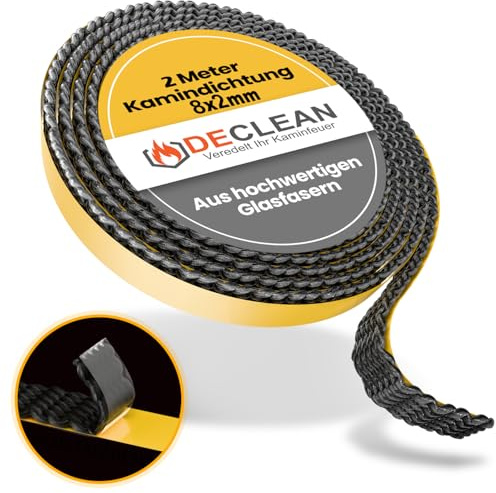 Ofendichtschnur selbstklebend – Kamindichtung Glasfaser 8 x 2 mm – 2 m | DeClean Ofendichtband – hitzebeständig bis 550° C, Glasfaserdichtung für Kamin- und Ofentüren, einfache Montage