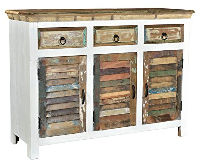 Woodkings® Sideboard Perth weiß, 3türig, recyceltes Massivholz antik, Anrichte Vintage, Design Kommode 3 Schubladen, Holzmöbel