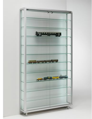 MHN Sammlervitrine & Standvitrine 20 x 79 x 184,5 cm – Flache Glasvitrine zur Wandaufstellung, abschließbar – LED Beleuchtung – für Modellautos, Modell-Eisenbahn oder Figuren
