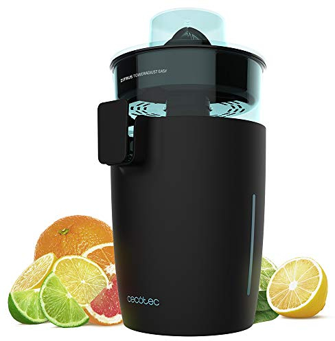 Cecotec - Spremiagrumi elettrico Zitrus TowerAdjust Easy Black Inox - 350 W di potenza, filtro regolatore di polpa, due coni smontabili di diverse dimensioni, tamburo privo di BPA, capacità di 0,5 l.