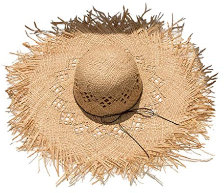 Mya Sommer-Sonnenhut für Damen, Bast, Strohhut, große Krempe, Schlapphut, Fransen, hohl, Sonnenschutz, Eimerhut, Strandurlaub.