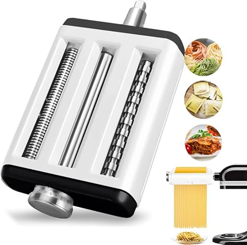 Pasta Maker Attachment for Kitchenaid Mixer, 3 in 1 Set of Pasta Roller and Cutters for Making Pasta Fettuccine Spaghetti in Easy Way - Black/White