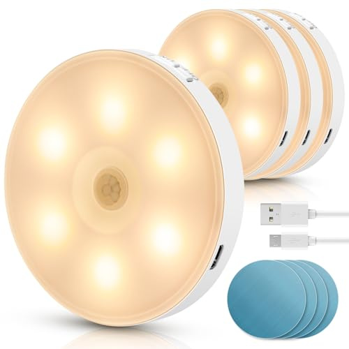 Aigostar 4 Stück 3000K Nachtlicht Kinder mit Bewegungsmelder, Selbsthaftende Schrankbeleuchtung Aufladbar USB, 0.5W Nachtlampe für Kinderzimmer, Schlafzimmer, Treppe, Flur, Badezimmer, Küche