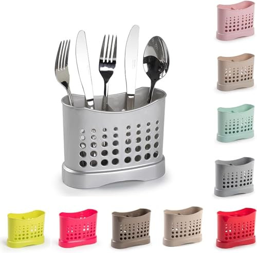 2 Compartments High Grade Plastic Sink Tidy Cutlery Drainer Caddy Holder, Utensil Drainer for Home and Kitchen Rustproof Store Washed Cutlery Utensils(Silver - Design 1)