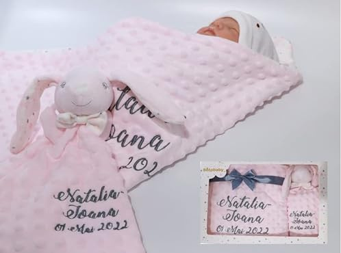 Generisch Geschenk-Set New Baby ★ Babydecke mit Namen + Rosa Hase ★ Baby-Shower ★ Geburt ★ (Rosa - Hase)