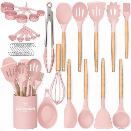 AHASON 33pc Pink Silicone Cooking Utensils Set with Holder - Heat Resistant Kitchen Gadgets & Tools - Includes Measuring Cups, Spoons & Hooks - Non-Stick BPA Free Professional Cookware