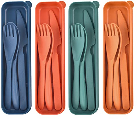 Posate Plastica Riutilizzabili, Posate da Viaggio, Set di Posate da Viaggio con Forchetta, Coltello, Cucchiaio, Set di Posate in Plastica Portatile per Picnic, Scuola, Ufficio, Pranzo (4 colori)