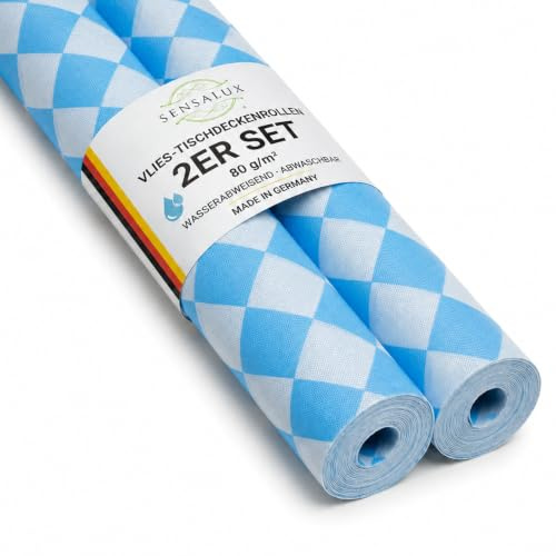 Sensalux Vlies Tischdeckenrolle 2er Set Bayerische Raute Blau-Weiß 1m x 40m, 80 g/m², abwaschbar wasserabweisend, stoffähnliches Vlies, Meterware für Party Event Catering Gastronomie