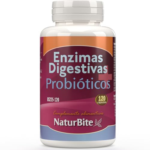 NaturBite Enzimas Digestivas + Probióticos 120 cápsulas. Reducción del Ph intestinal evitando la invasión de organismos patógenos. Mejora del proceso digestivo facilitando la absorción de nutrientes.