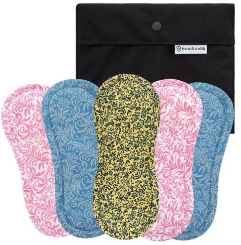 Bamboolik|Waschbare Slipeinlage | Satin & Bio-Baumwolle | Druckknopf |5er-Set - 2x Hellblau,2x Rosa, 1x Gelb + mini Wetbag Schwarz|wiederverwendbar|MADE IN EU|Stoffslipeinlagen Ausfluss|Stoffbinden