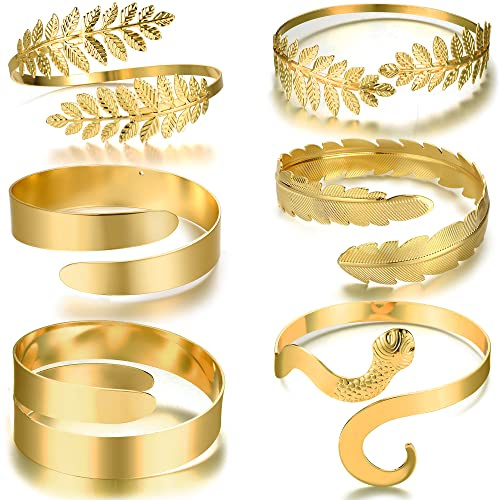 Roheafer 6 piezas Puños de brazo de oro/plata para las mujeres pulseras ajustables para el brazo pulseras griegas para el brazo joyería para minimalista, 8 cm, Aleación chapada en oro