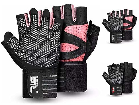 RL Grips® Guantes Gimnasio para Levantamiento de Pesas, Crossfit, Musculación con Muñequera y Grip de Silicona Antideslizante - Guantes Fitness para Hombre y Mujer con Muñequera (M, Rosa)