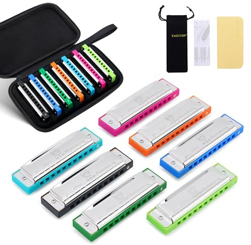 East top Harmonica Set of 7, 10 Holes 7 Colors Diatonic Blues Harmonica Set For Adults, Professionals and Students, as a Gift