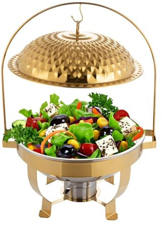 ANGDI Runder Buffet-Chafing Dish, 6 l Edelstahl-Gastronomiewärmer mit Anschluss, Buffet-Servier-Kochwärmer for gewerbliche Gastronomie, Buffets, Catering, Partys, Hochzeiten, Bankette (Color : Gold)