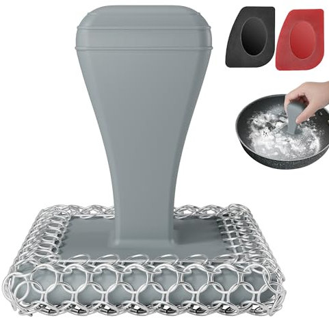 TOPULORS Cast Iron Scrubber Cleaner & 316L Stainless Steel Chainmail Scrubber with 2 Scrapers, Ergonomic Silicone Handle Brush for Pans Skillets Grills Dishes Cleaning - Non-Scratch Rust-Proof - Gray