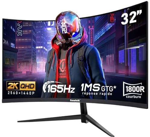 Gawfolk Écran PC 32 Pouces,2K WQHD(2560×1440P),165Hz incurvé Gaming Moniteur, 1ms sans Lunette, 100% sRGB，178 ° Angle Vue HDMI、DisplayPort, Compatible avec Mural VESA100*100MM - Noir