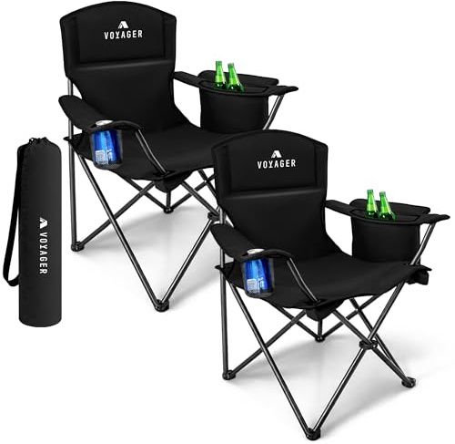 Voyager Folding Camping Chairs 2 Pack with Cooler Bag, Lightweight Q195 Steel Frame, 600D Oxford Fabric, Portable & Comfortable - Black
