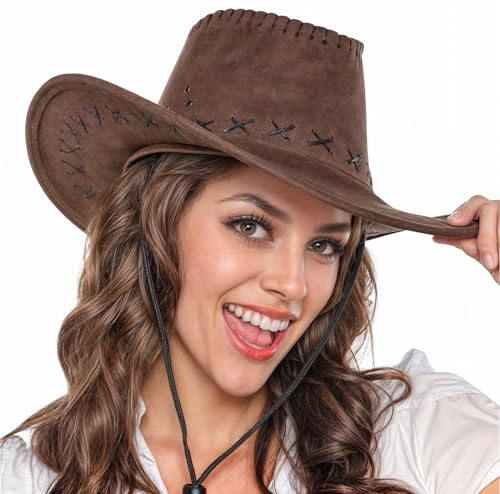 WickedFun Brown Leather Look Cowboy Hat for Men and Women – Unisex Adult Texan Cowgirl Hat Fancy Dress Party Accessory
