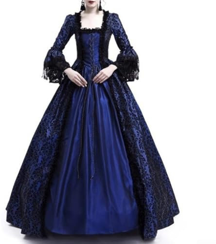 Damen Retro Ballkleid Mittelalter Spitzenkleid Gothic Kleid Cosplay Party Kostüm, dunkelblau, XL