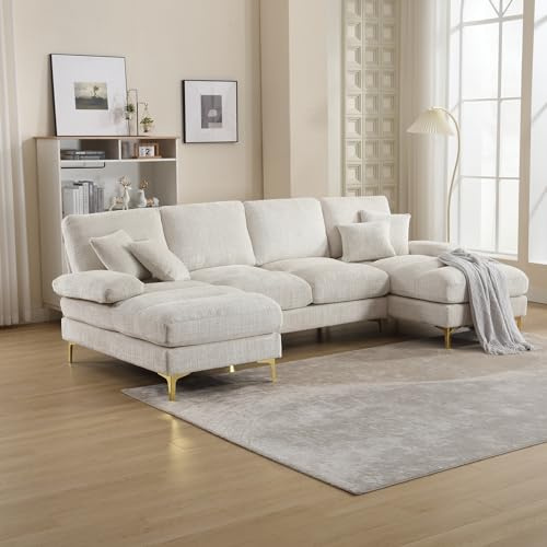 YESGIGA Sofá seccional grande de chenilla en forma de U con asientos dobles para salón, dormitorio, oficina, apartamento, villa, sala de estar, hogar, junto a la chimenea (beige)