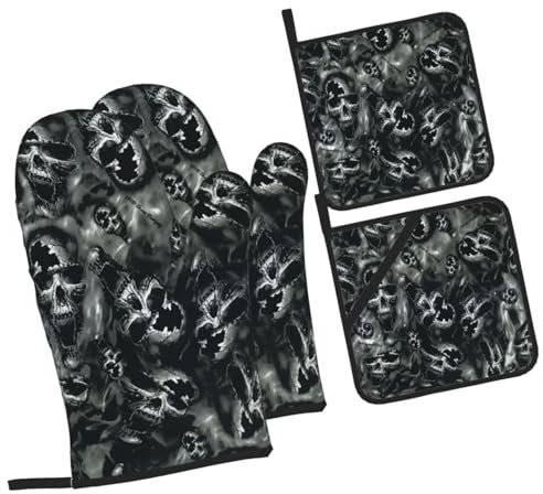 Guanti Da Forno E Presine Da Cucina Set, Skull Guanti Da Cucina Professionale Guanti Da Forno Morbida Guanti Da Barbecue Per Microonde Cucinare Grigliate