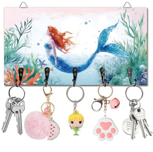 DELORIGIN Llavero gancho para llaves montado en la pared tablero de llaves de madera océano sirena casa llavero para pared puerta decorativa entrada pasillo cocina nuevo hogar regalo