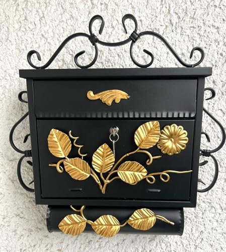 Briefkasten Postkasten Wandbriefkasten Antik aus schmiedeeisen mit zeitungsrolle Farbe: Schwarz - Gold Effekt - Neu