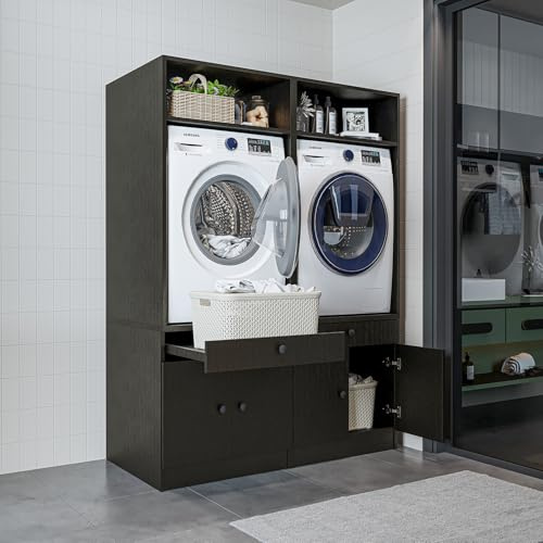 ROOMART • Armoire de machine à laver avec plateau coulissant • Peu encombrant • Pratique • Idéal pour la buanderie (chêne noir, 2 armoires – (184 cm de hauteur))